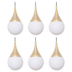 1 of 6 Brass and Satined Glass Pendant Lamps in the Manner of Stilnovo 5