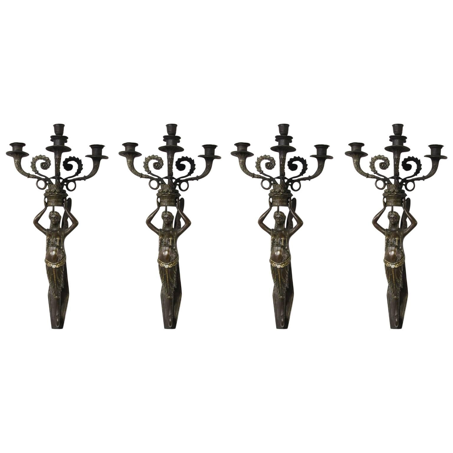 Set of Four English Late 19th Century Three-Light Patinated Bronze Sconces