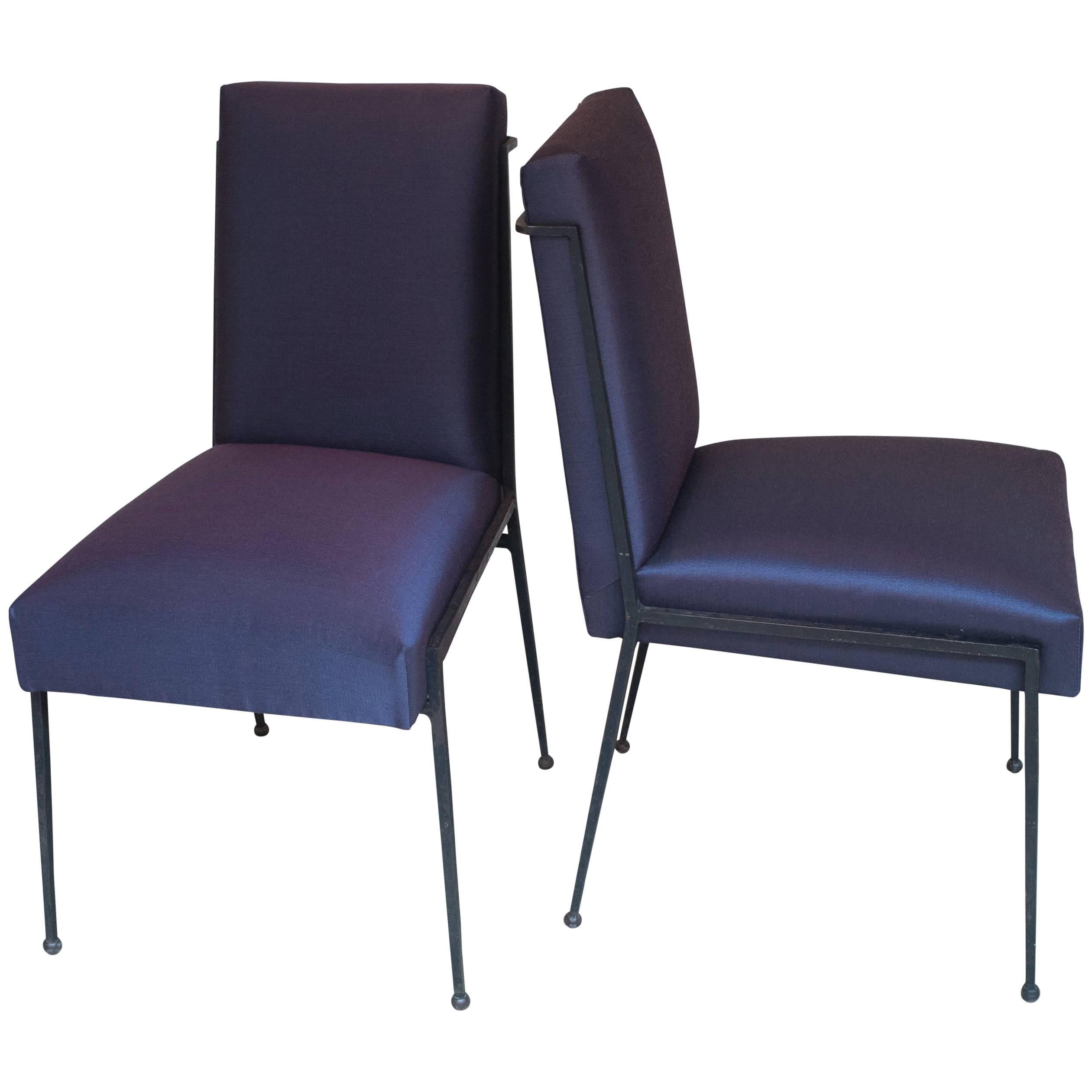 French Deco Iron Dining Chairs with Purple Silk Fabric Newly Upholstered For Sale