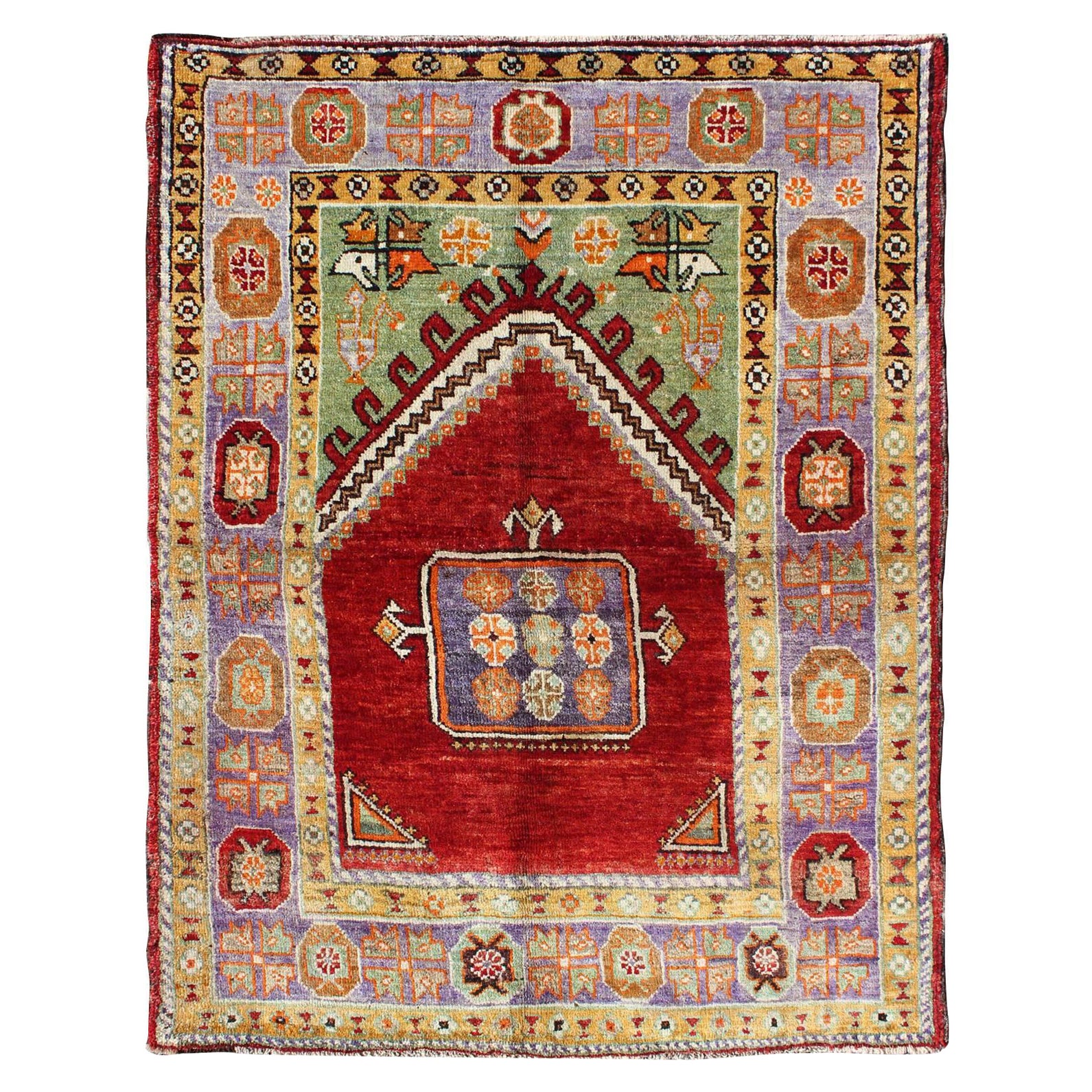 Antiker türkischer Teppich im Gebetsdesign aus den 1930er Jahren mit buntem geometrischem Muster im Angebot