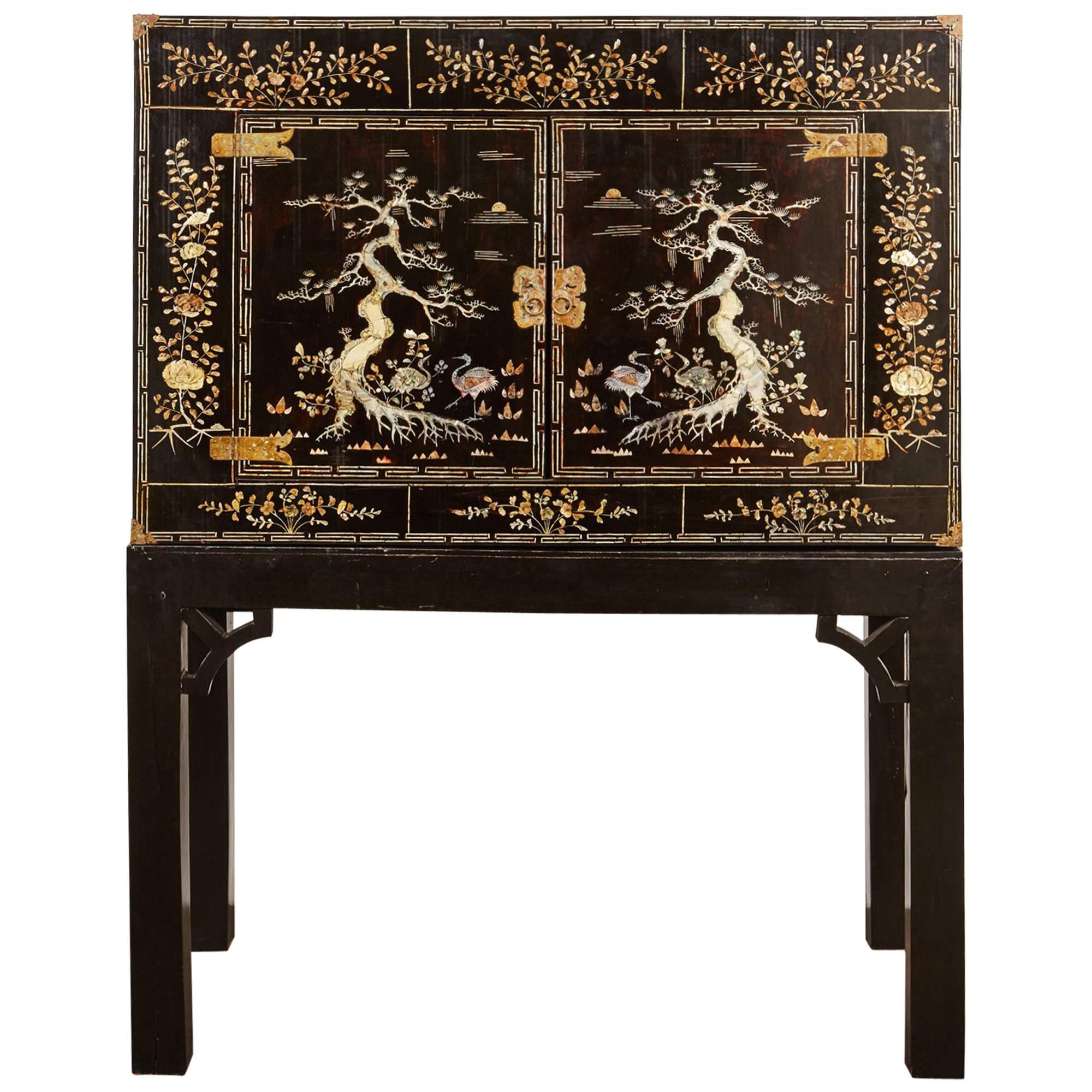 Early 20th Century Vietnamese Black Two-Door Cabinet on Black Stand