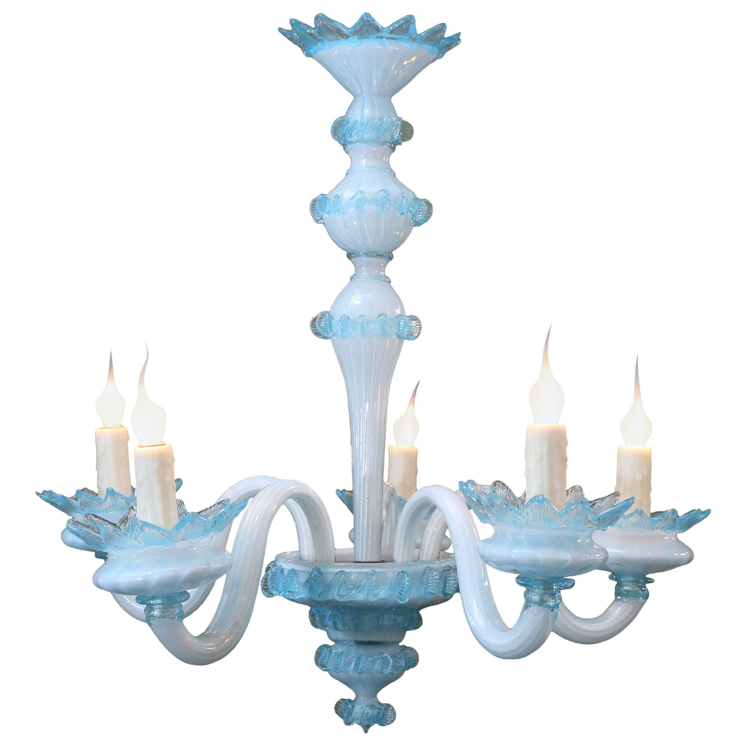 Handblown Blue Murano Glass Chandelier with Five Arms
