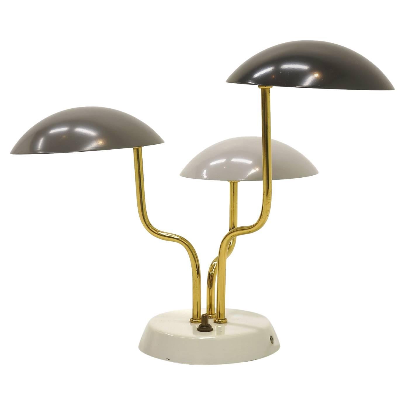 Gino Sarfatti for Arteluce Three Shade Table Lamp in Monochromatic Gray & Brass