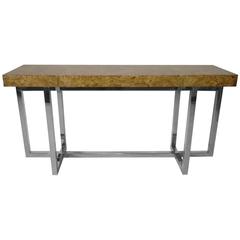 Milo Baughman Chrome and Burl Wood Console Table