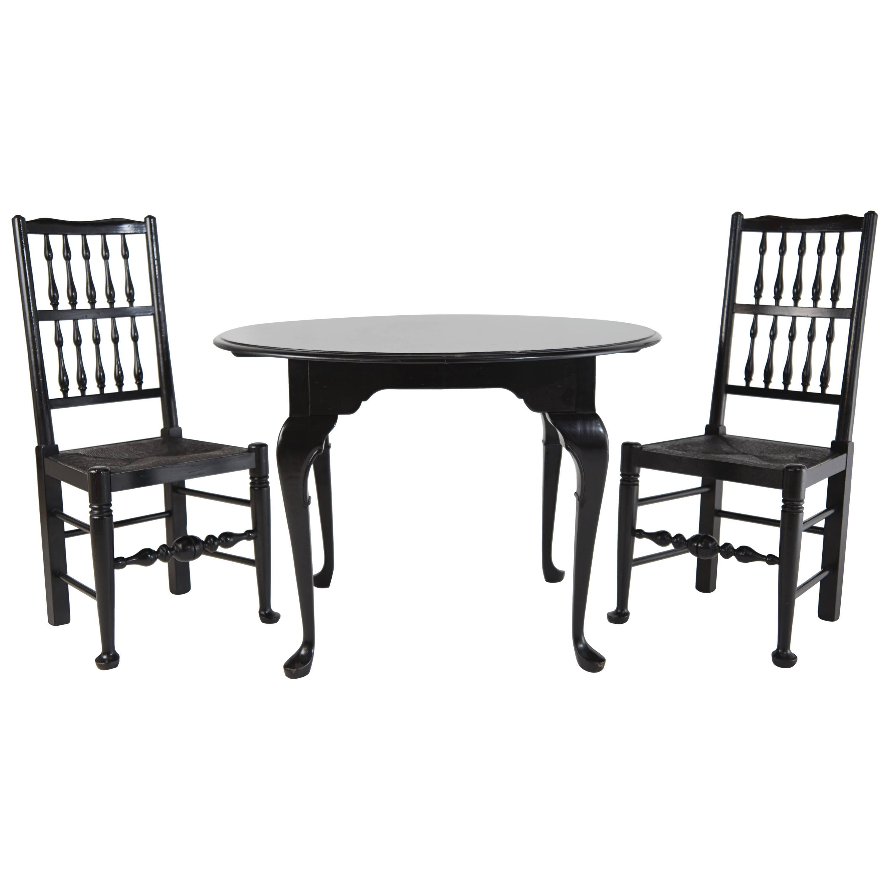 Black Lacquer Colonial Revival & Queen Anne Style Chairs and Table