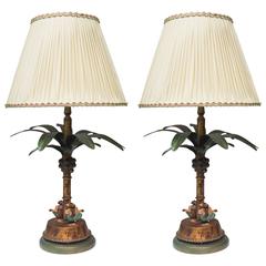 Pair of Whimiscal Metal Lamps with Monkeys and Palm Trees