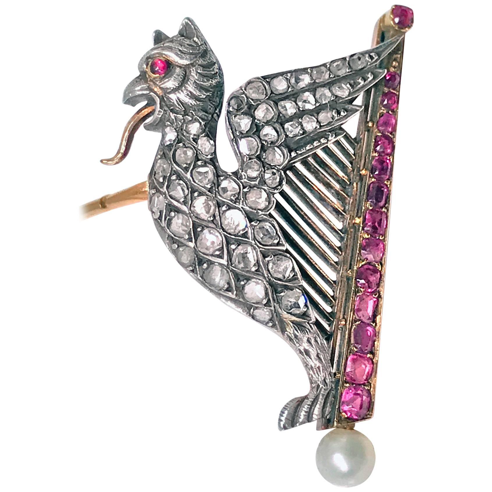 Mythical 19th Century French Griffin Lyre Ruby, Diamond, Pearl Gold Brooch