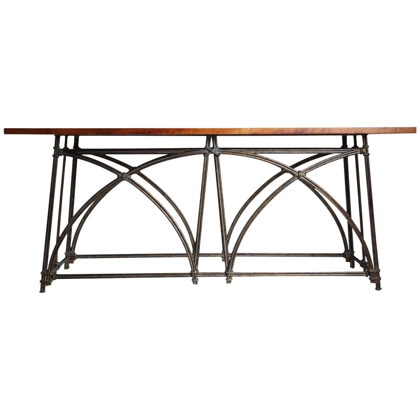 Grand Scrolled Iron and Wood Console Table, circa 1970