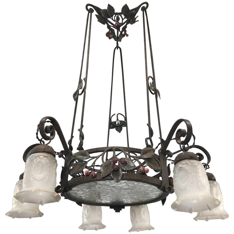 Top Quality and Design Wrought Iron Arts and Crafts Chandelier with Glass Shades For Sale