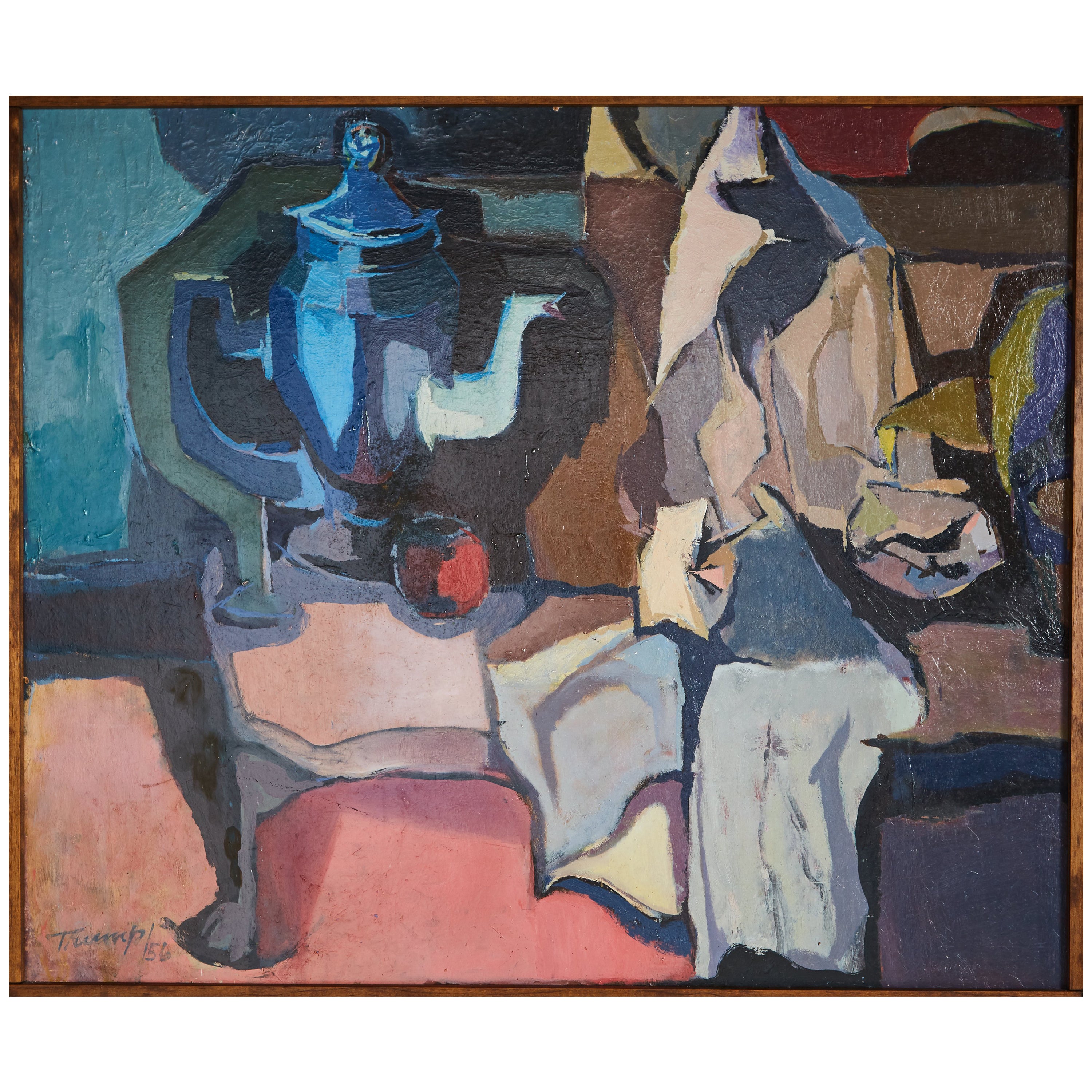 BLUE Abstract Enamel Art by John Puskas 2 Panel MidCentury Modern 1956