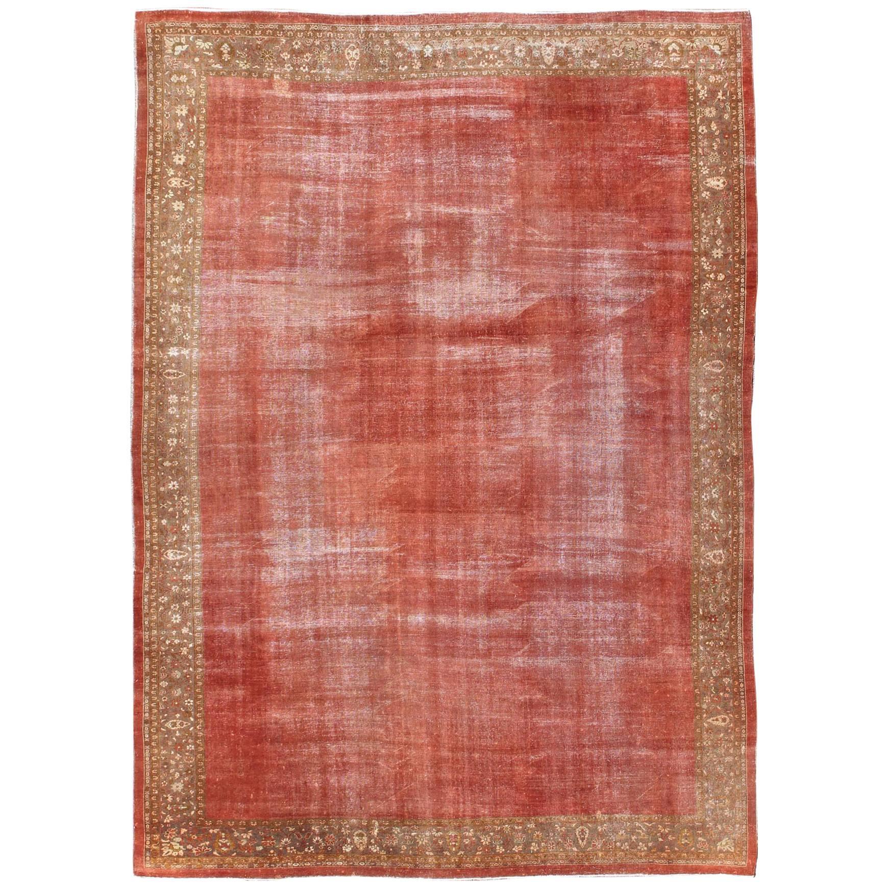 Antique Sultanabad Carpet with Open Red Field and Yellow-Green Floral Border