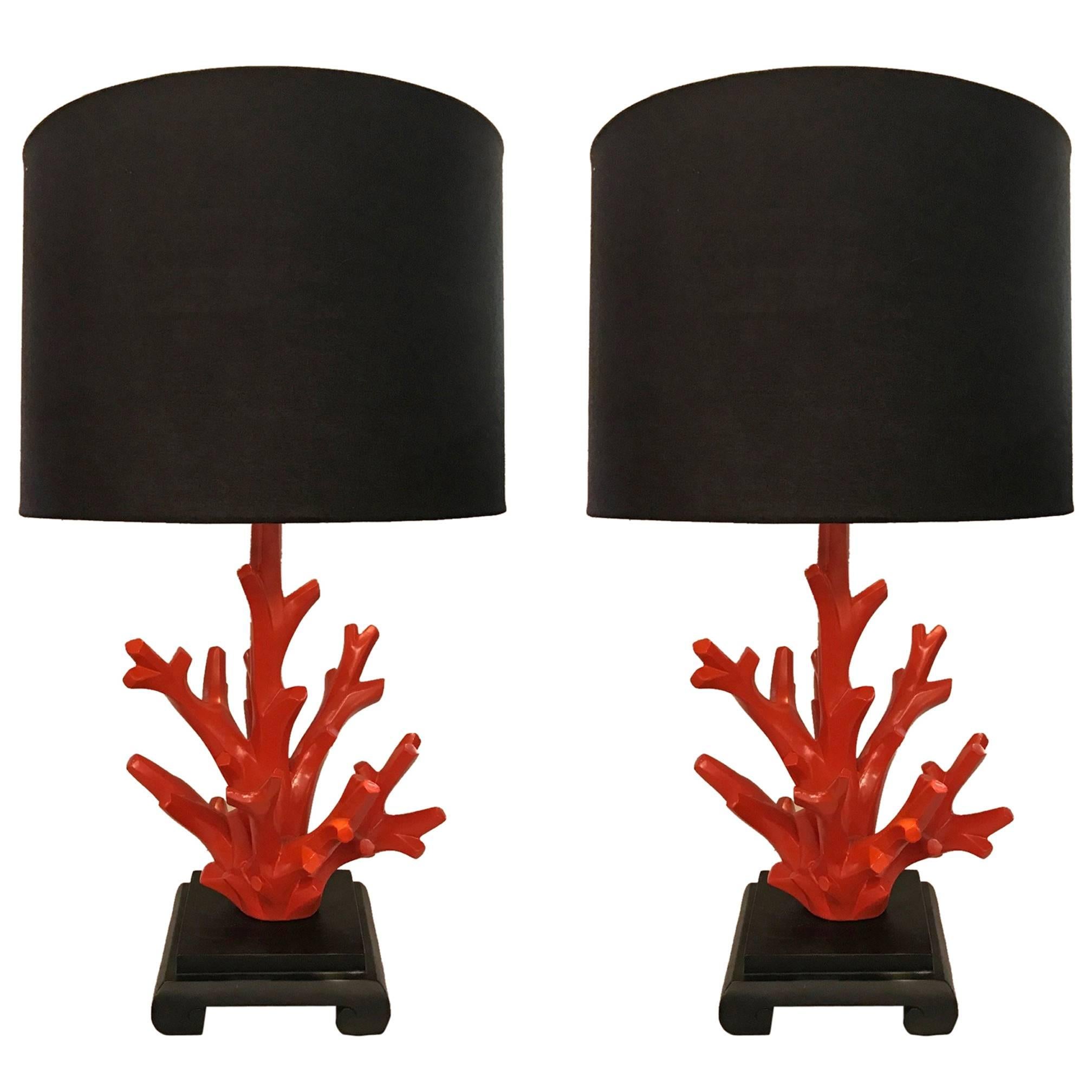 Pair of Abstract Faceted Faux Red Coral Table Lamps