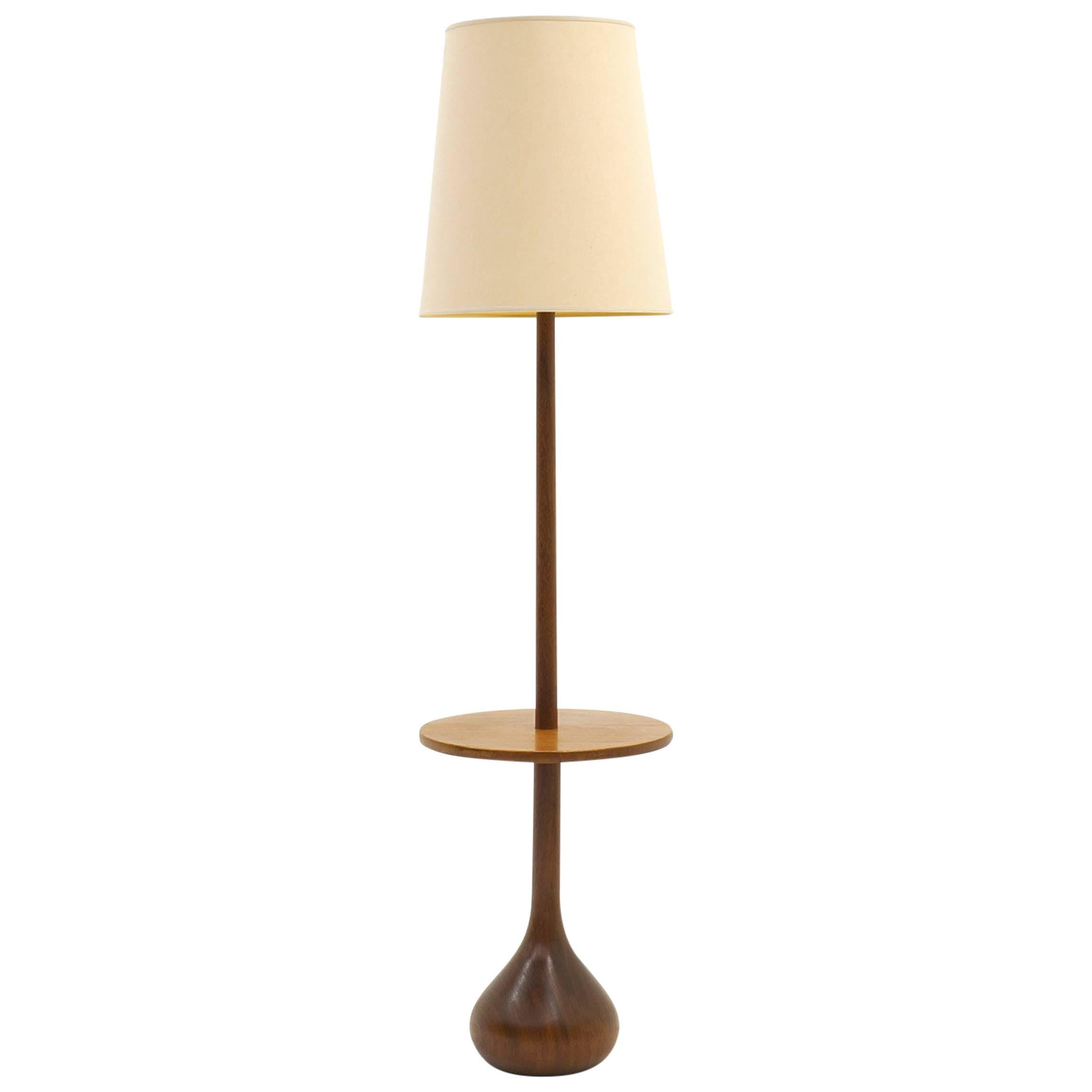 Danish Modern Solid Teak Floor Lamp with Attached End Table and