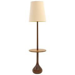 Danish Modern Solid Teak Floor Lamp with Attached End Table and Teardrop Base