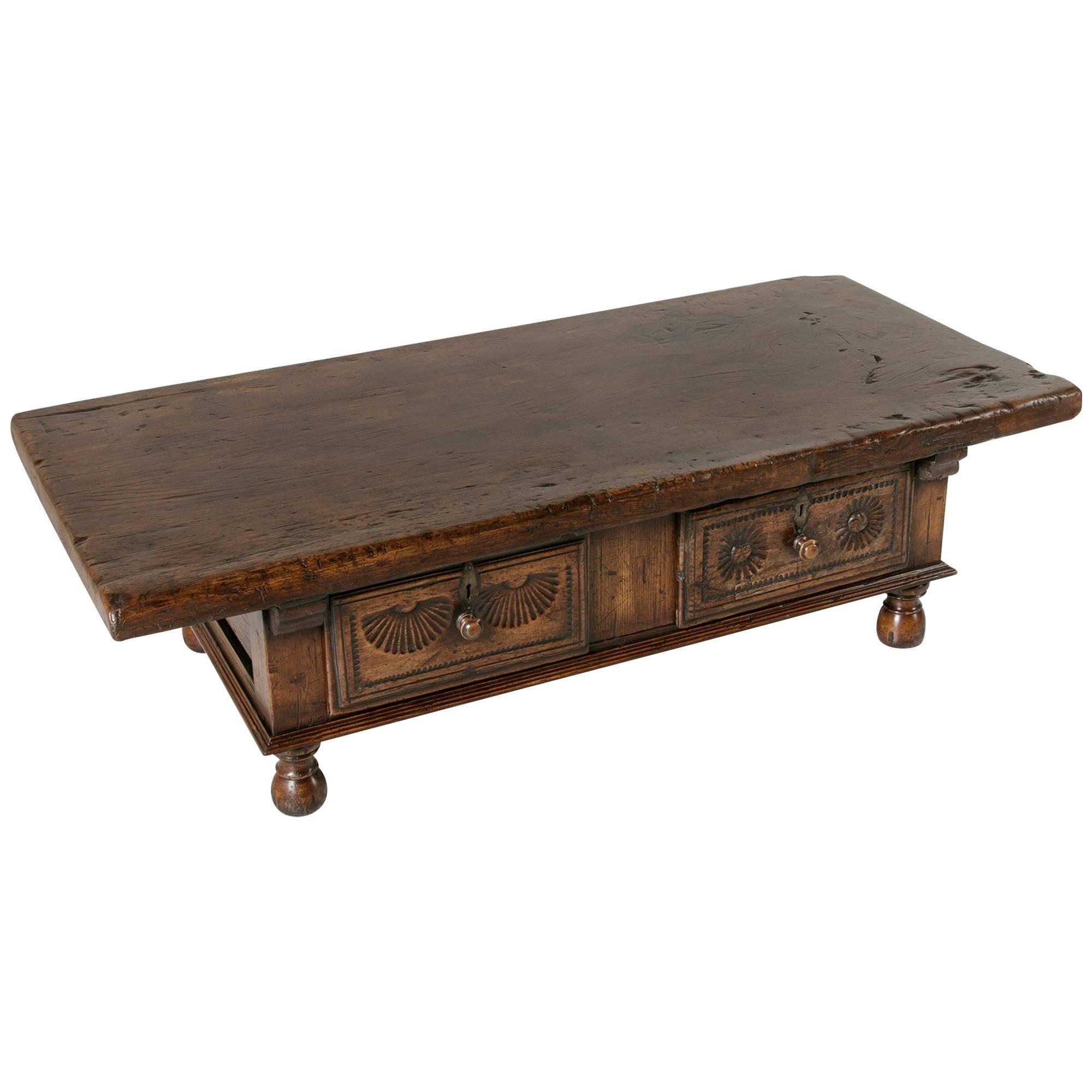 18th Century Spanish Coffee Table Made of One Single Piece of Walnut Two Drawers