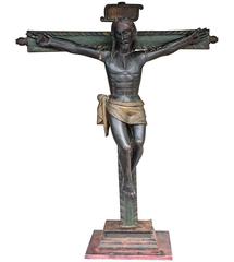 19th Century Spanish Colonial Carved and Painted Crucifix Sculpture