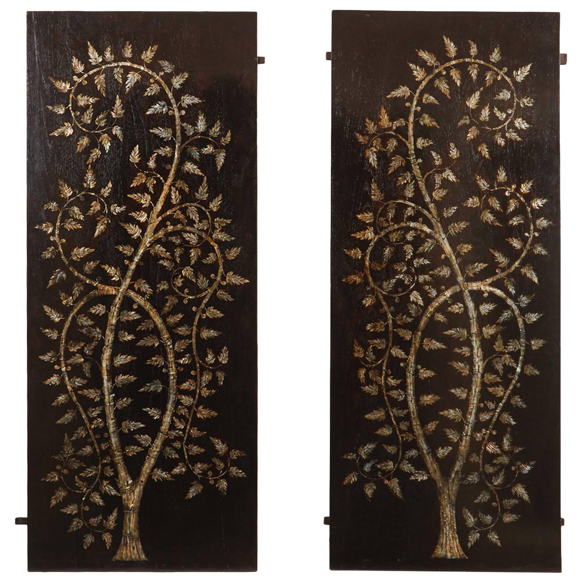 Pair of Rosewood Inlaid "Tree of Life" Panels