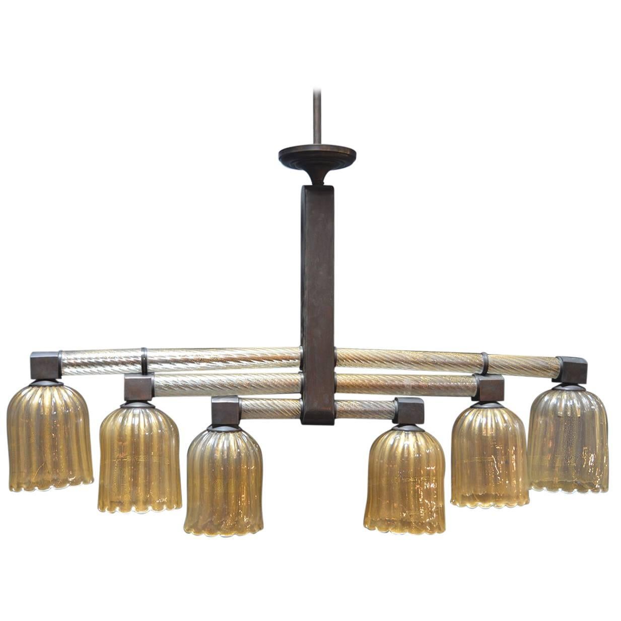 Murano Glass and Patinated Bronze Chandelier