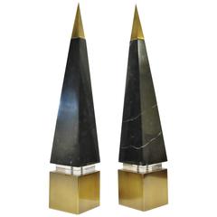 Pair of Extra Tall Modern Italian Marble, Brass and Lucite Obelisks