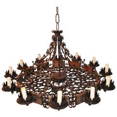Rare and Very Large Wrought Iron/Wood  Chandelier