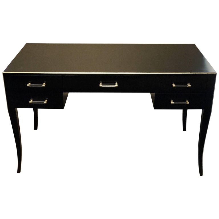 French Modern Design Black Lacquered Desk with Lucite Handles at 1stDibs