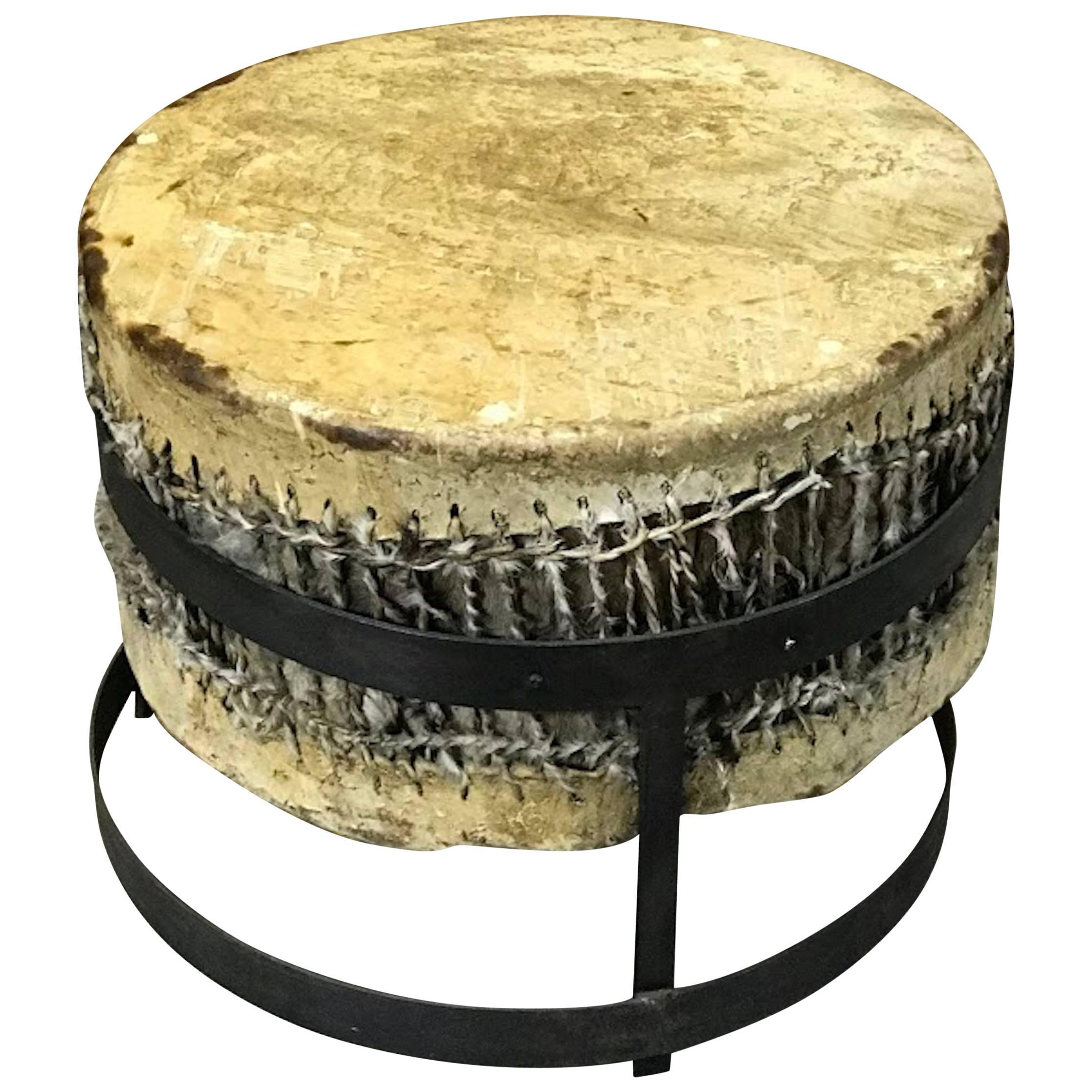 African Drum Table with Forged Iron Pedestal Base