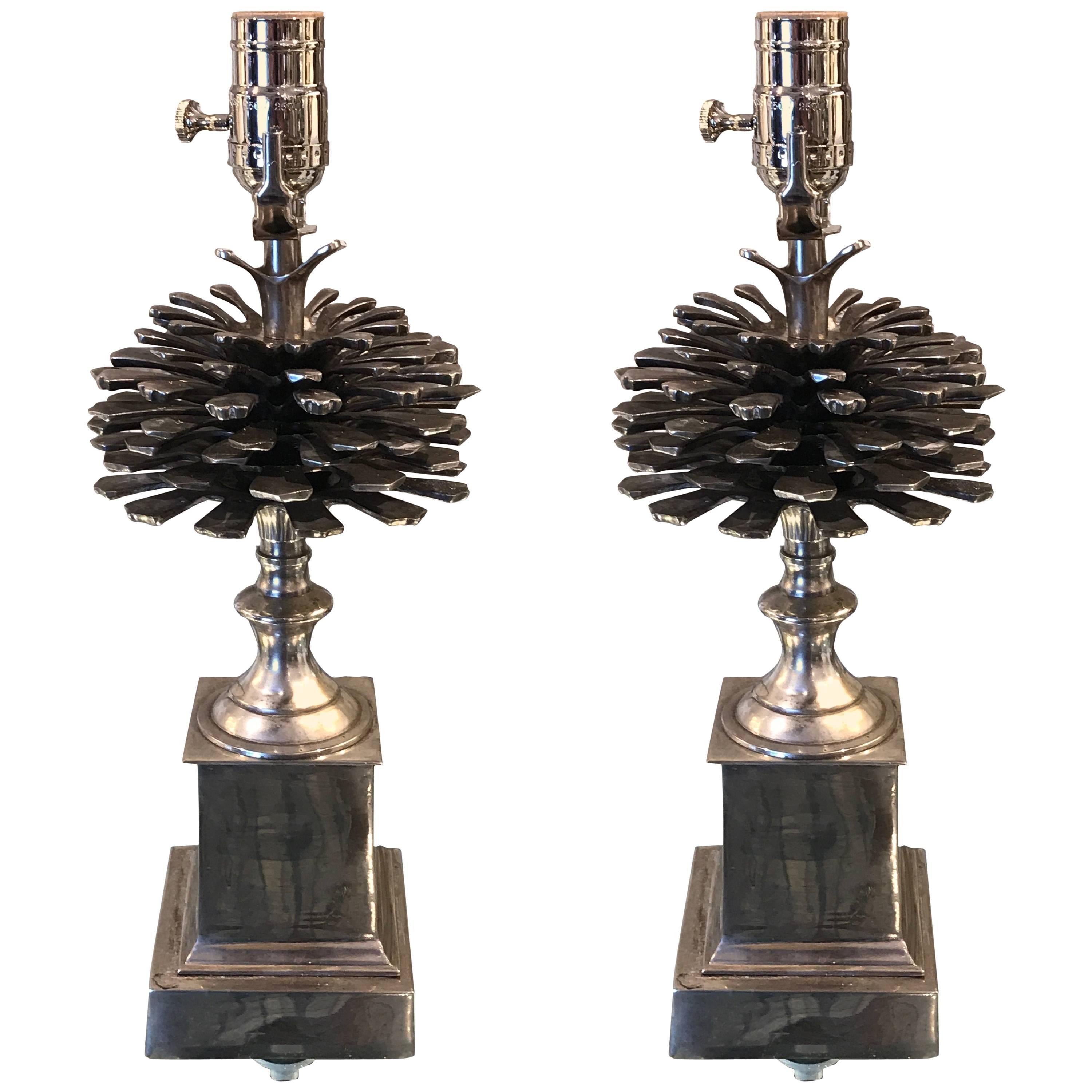 Pair of Silvered Bronze Pinecone Motif Lamps, Raised on Square Lucite Bases For Sale
