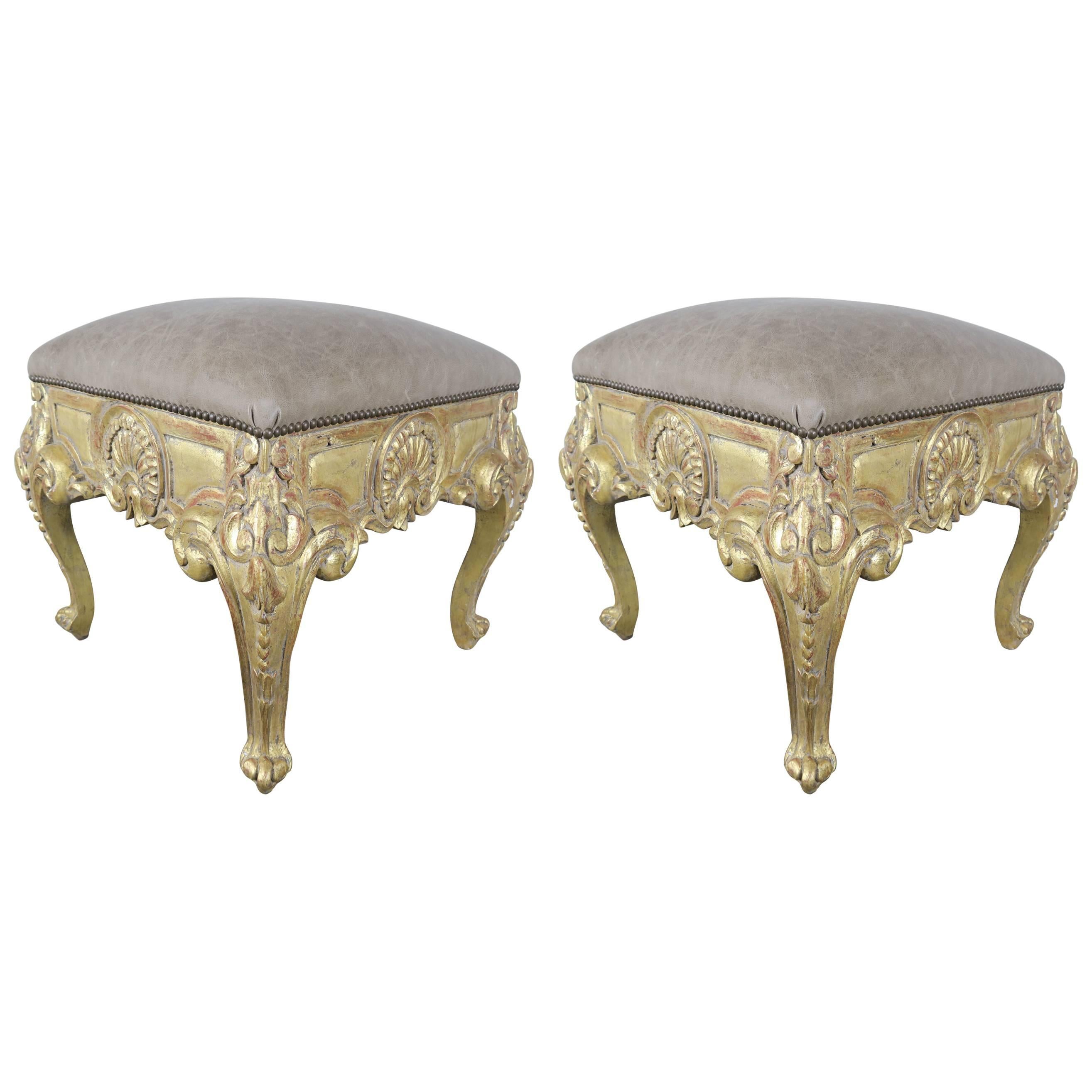 Pair of French Giltwood Benches with Leather Upholstery