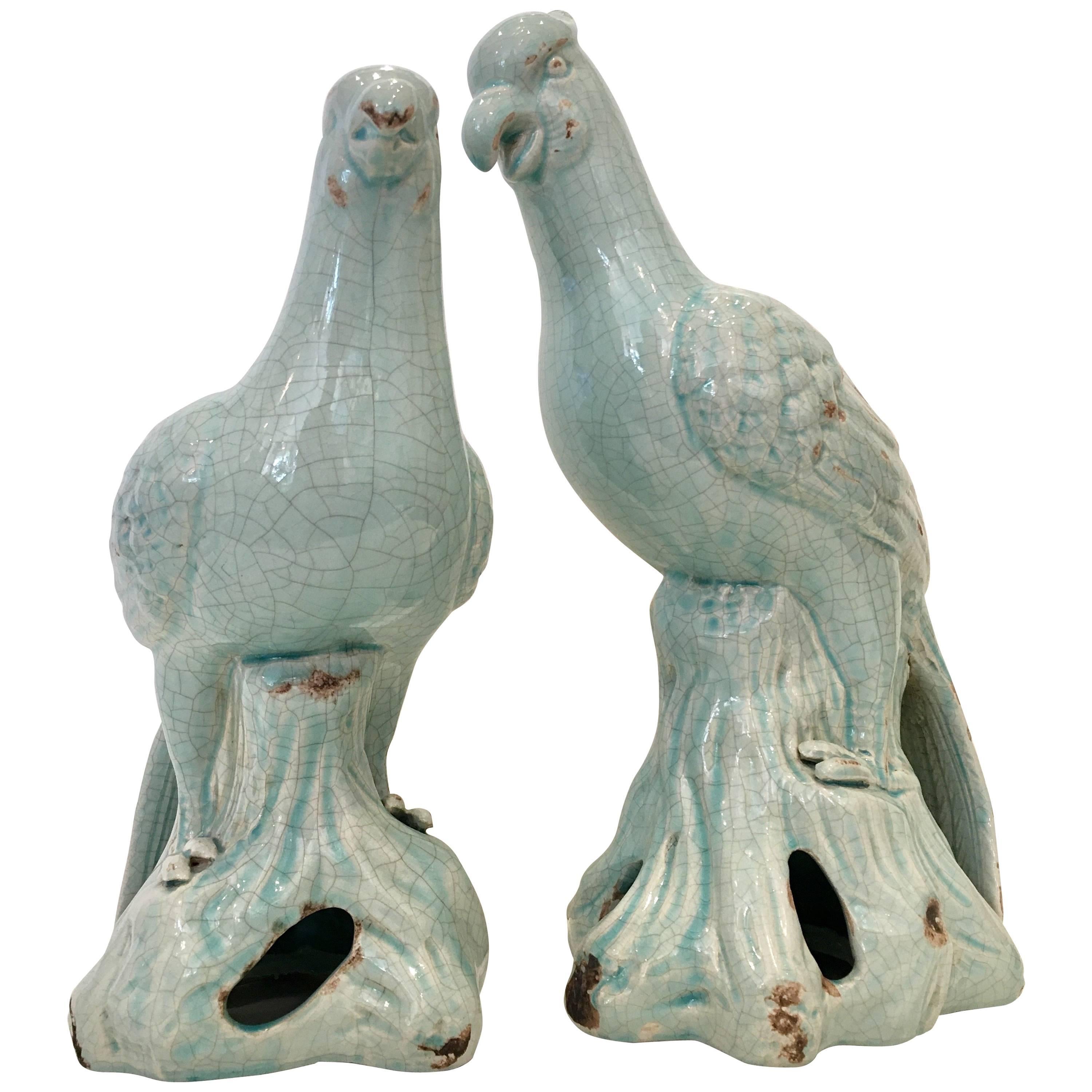 21st Century Pair Of Robins Egg Blue Ceramic Glaze Bird Sculptures
