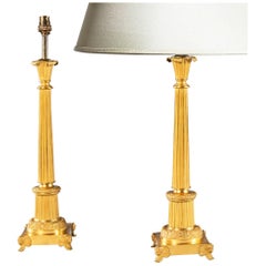 Antique Pair of French Gilt Bronze and Gilt Column Lamps