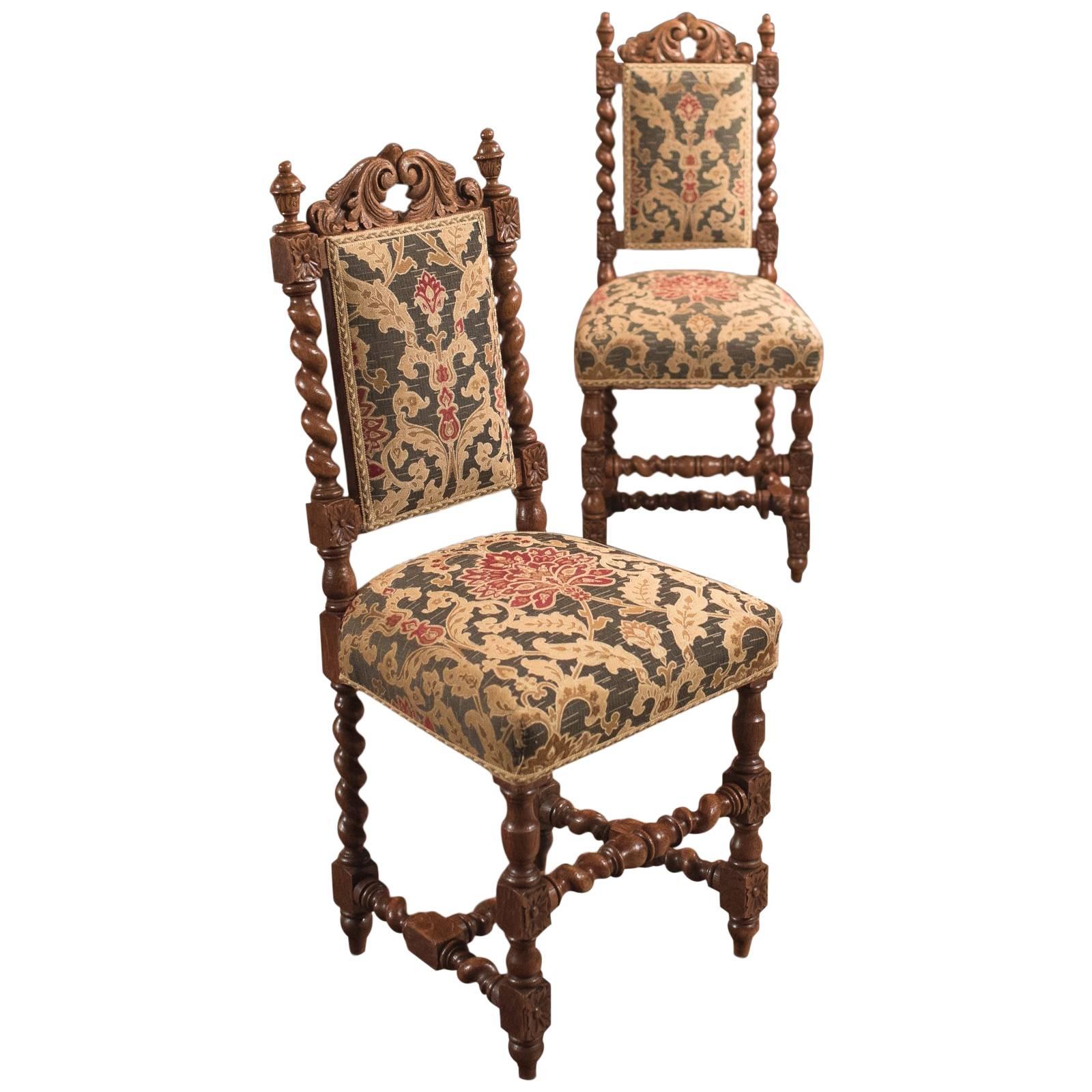 19th Century Pair of Antique Hall Chairs, Victorian, Oak Needlepoint, circa 1870