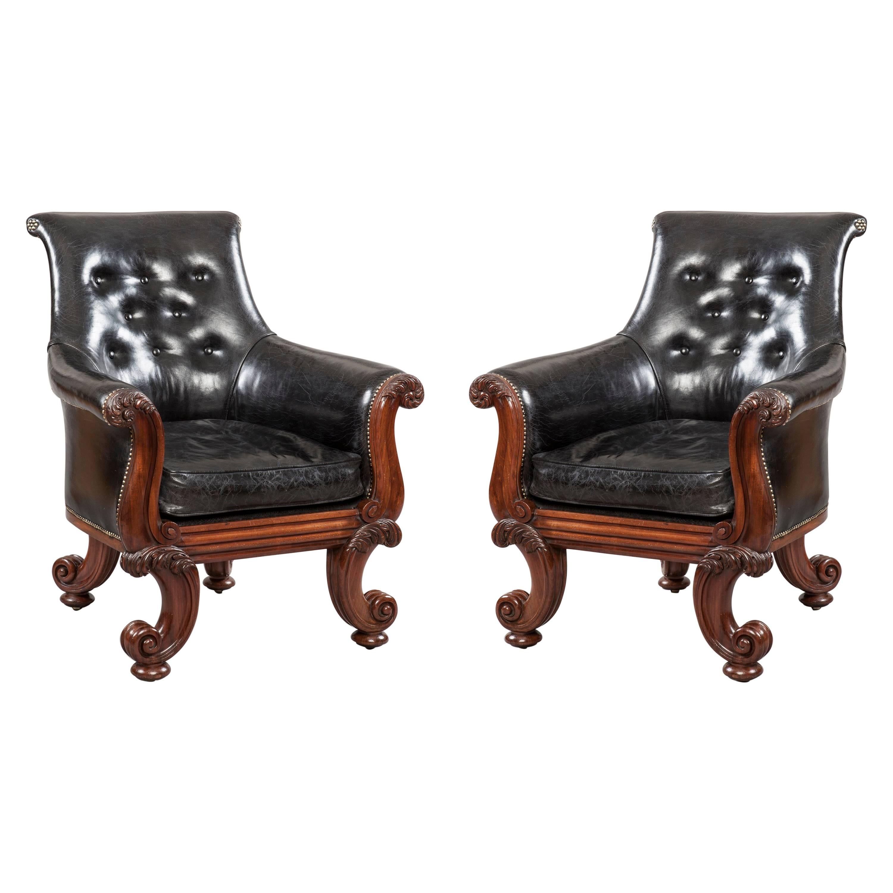 Pair of 19th Century English "C" Scroll Black Leather Library Armchairs