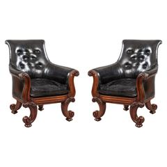 Pair of Georgian "C" Scroll Leather Library Armchairs 3