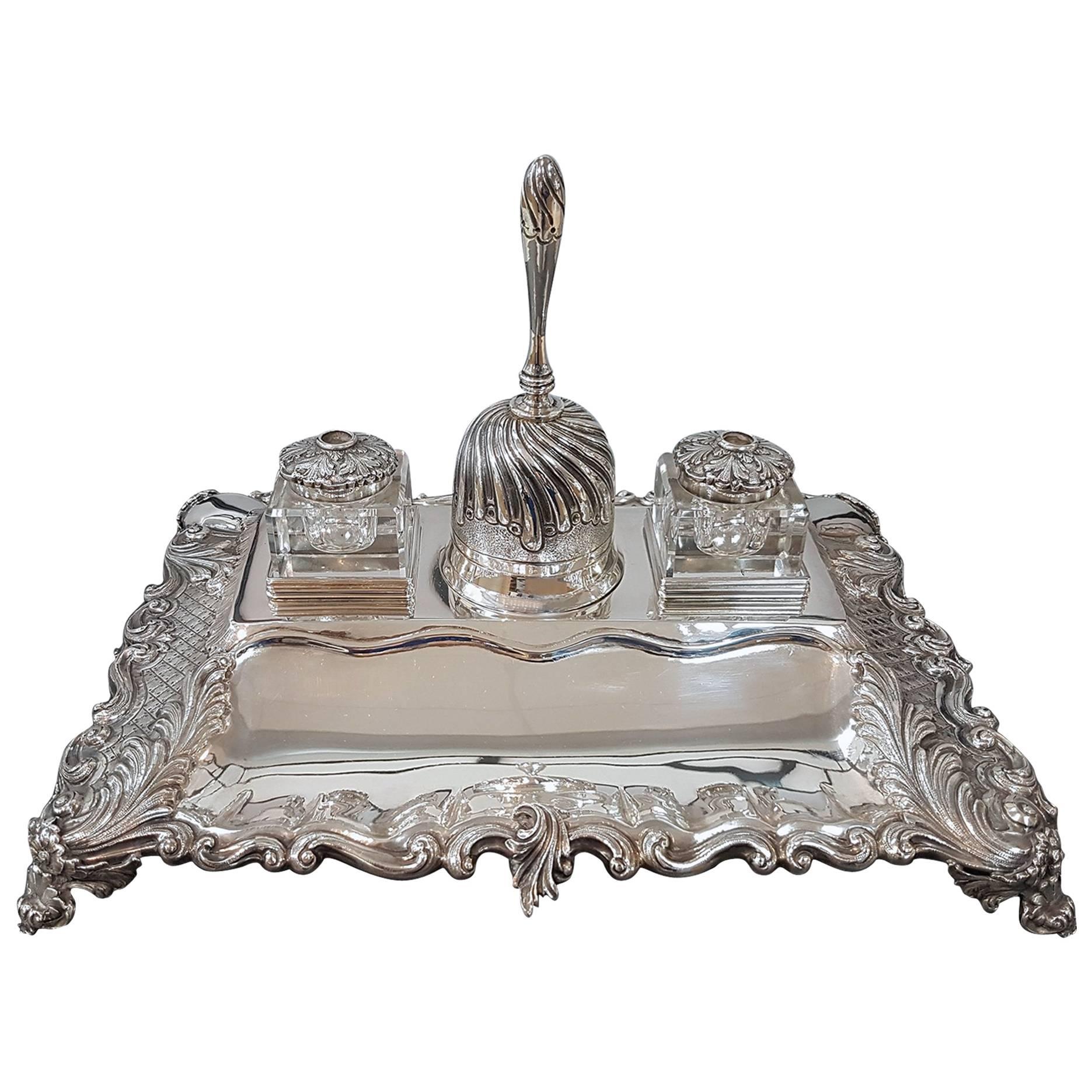 20th Century Italian Sterling Silver Inkstand, hHandicraft made in Italy For Sale