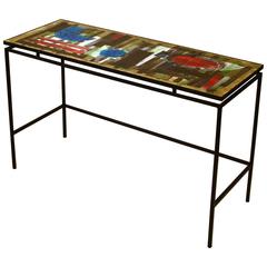 1960s Hand-Painted Ceramic Console or Desk on Black Metal Frame by Belarti
