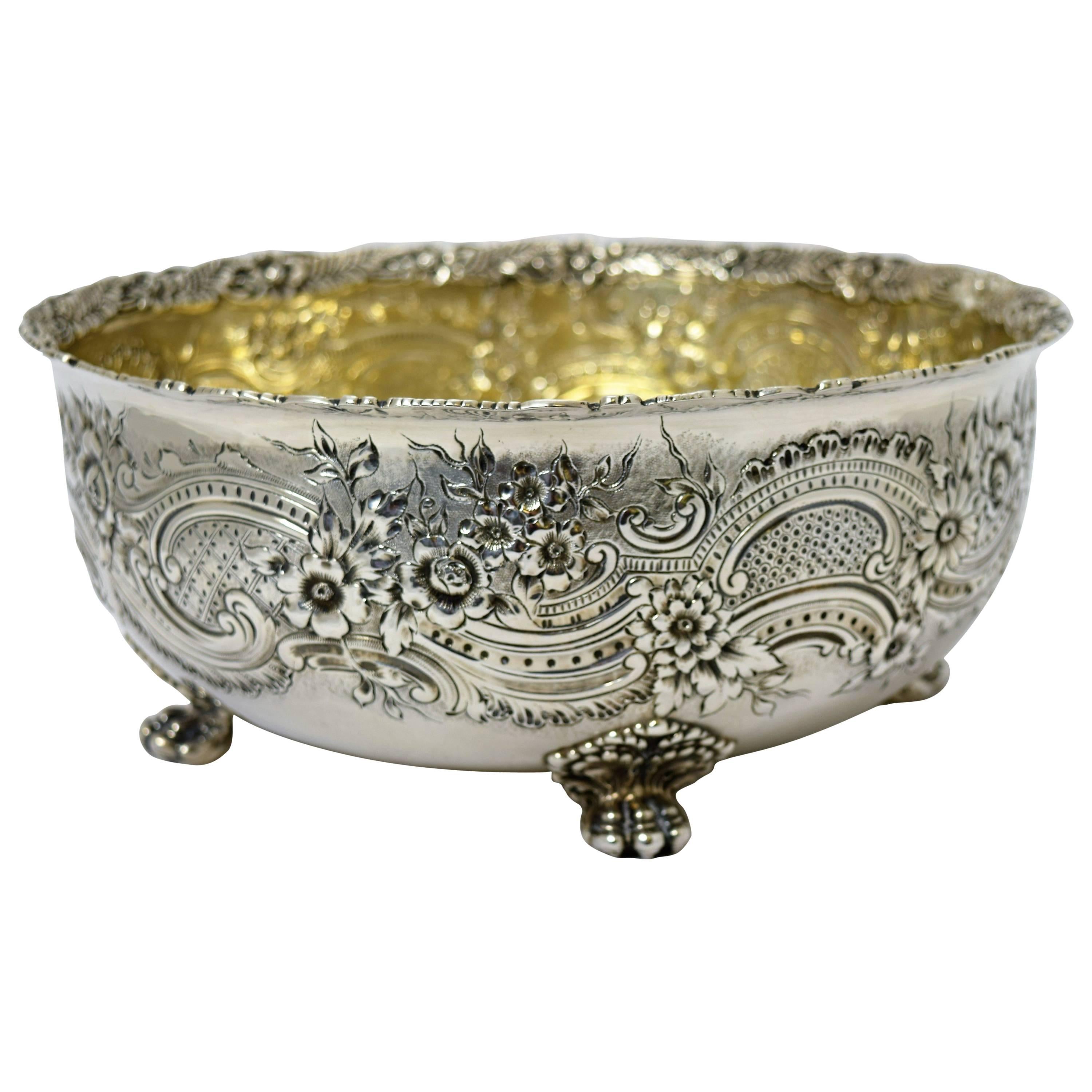Tiffany Sterling Silver Floral Embossed Bowl with Paw Feet