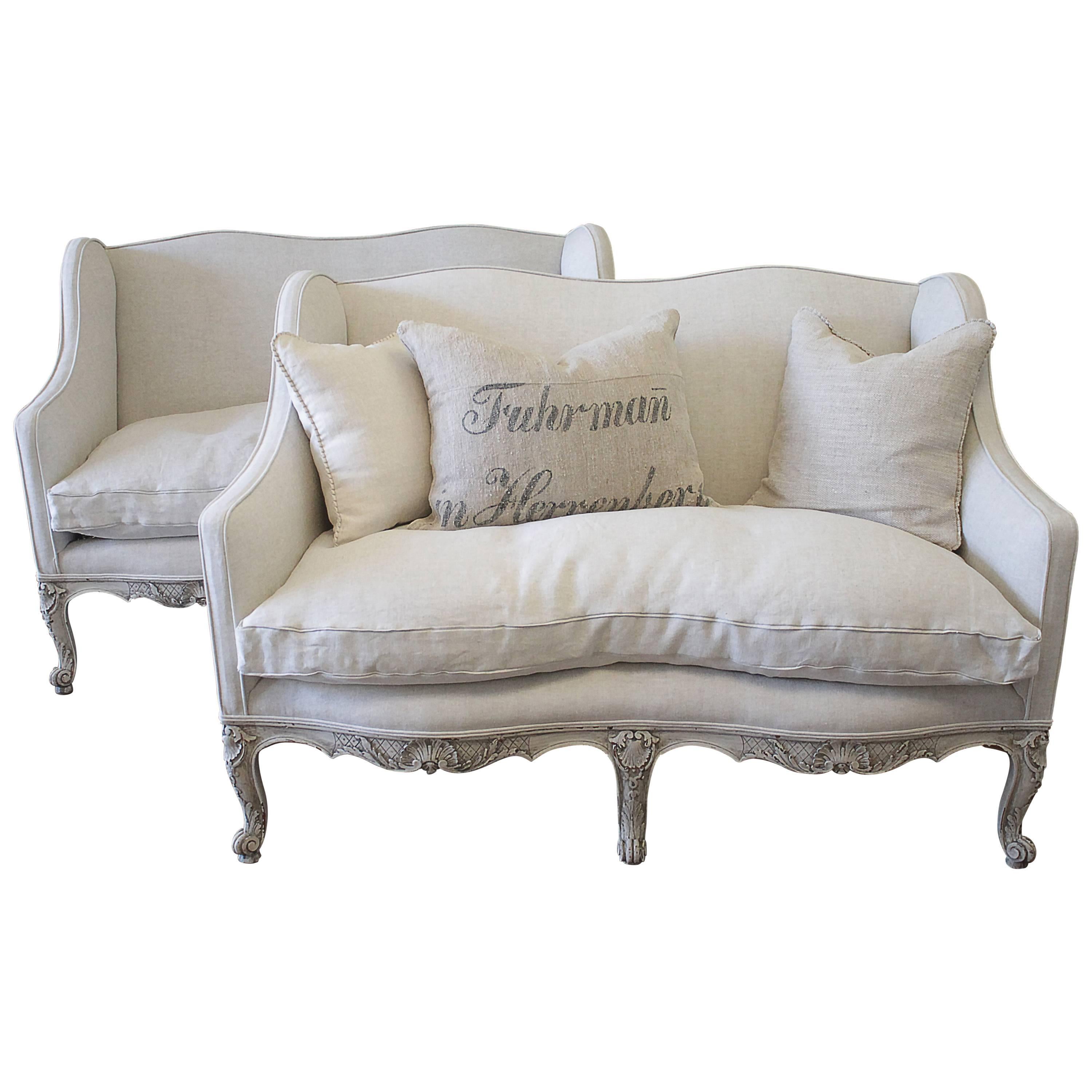 Pair of French Painted and Upholstered Louis XV Style Loveseats