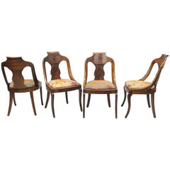 Set of 4 Antique American Empire Crotch Mahogany Saber Leg Gondola Dining Chairs