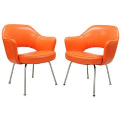 Pair of Eero Saarinen for Knoll Executive Armchairs Early Original Orange Vinyl 5