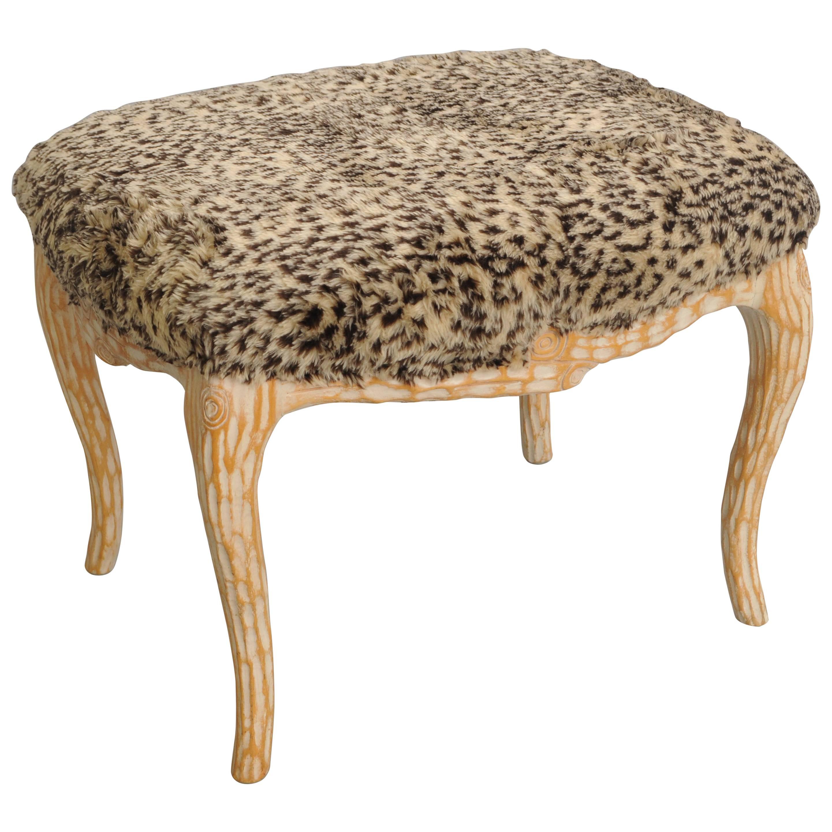 Vintage Hollywood Regency Faux Bois Wood Stool Bench Ottoman Fuzzy Leopard Seat