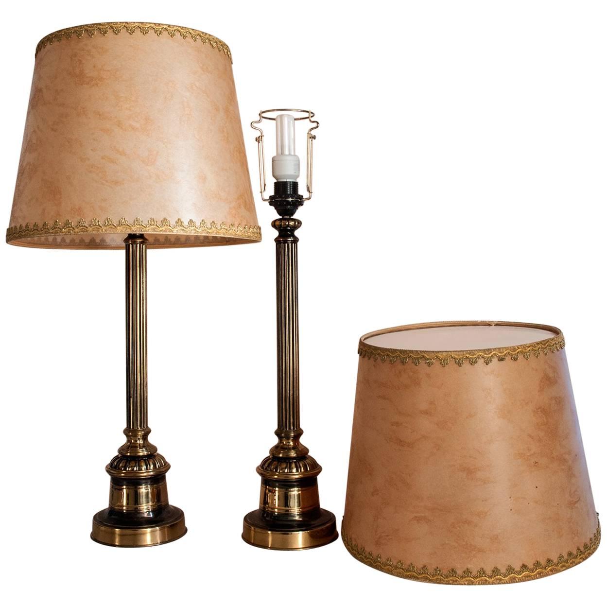 1935 Swedish Empire Style Pair of Large Brass and Metal Table Lamps by Bergboms For Sale
