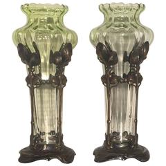 1903 German WMF Jugend Art Nouveau Glass and Silverplated Steel Vases