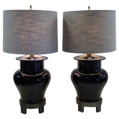 Pair of 1980s Chinese Modern Deco Ceramic Black Ginger Jar Table Lamps