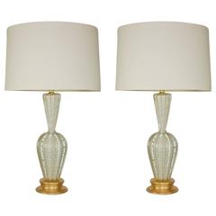 Vintage White Murano Lamps with Bubbles and Gold