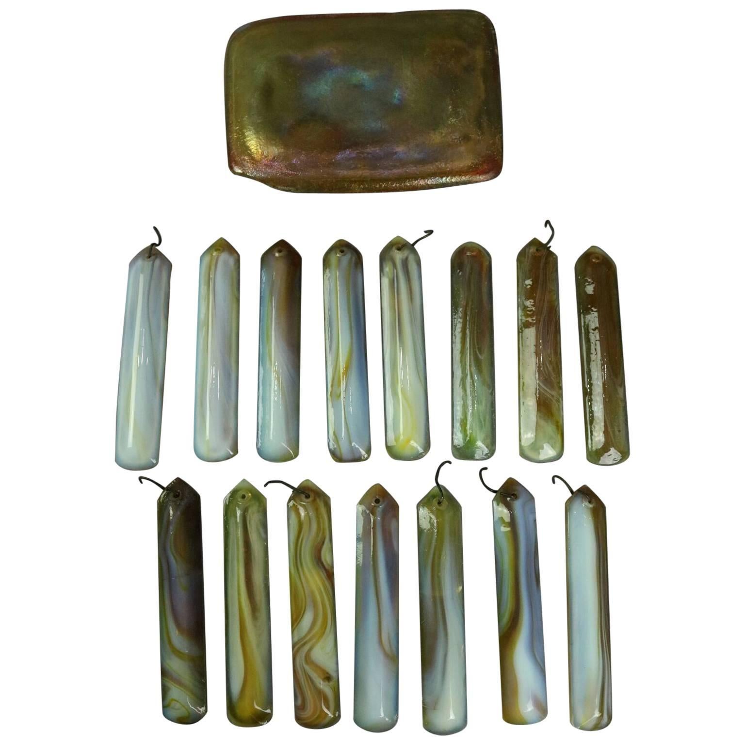 20th Century Tiffany, 15 Opaque Swirl Glass Prisms & Favrile Turtle Back Tile