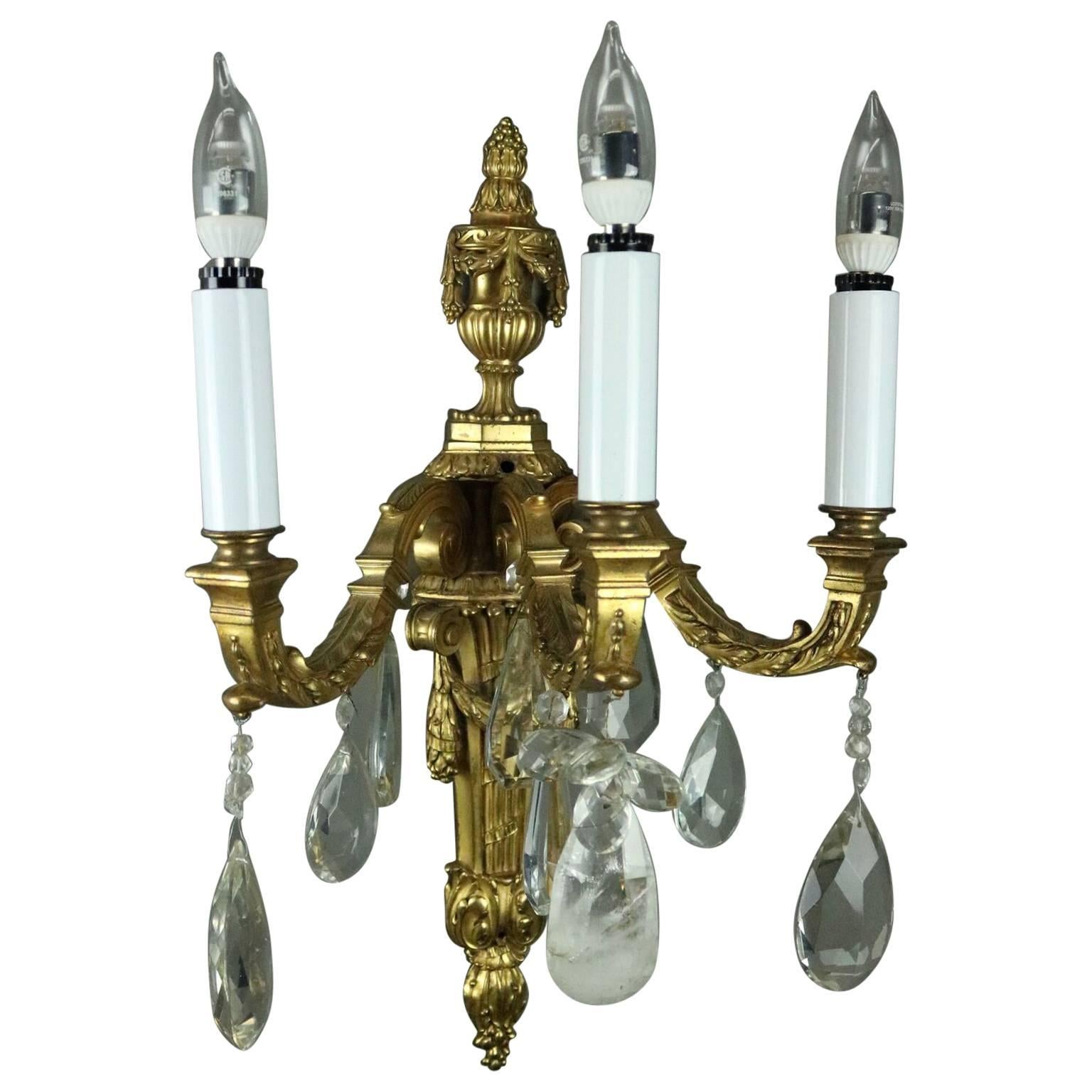 Antique French Torchiere Gilt Bonze & Crystal Three-Light Wall Sconce