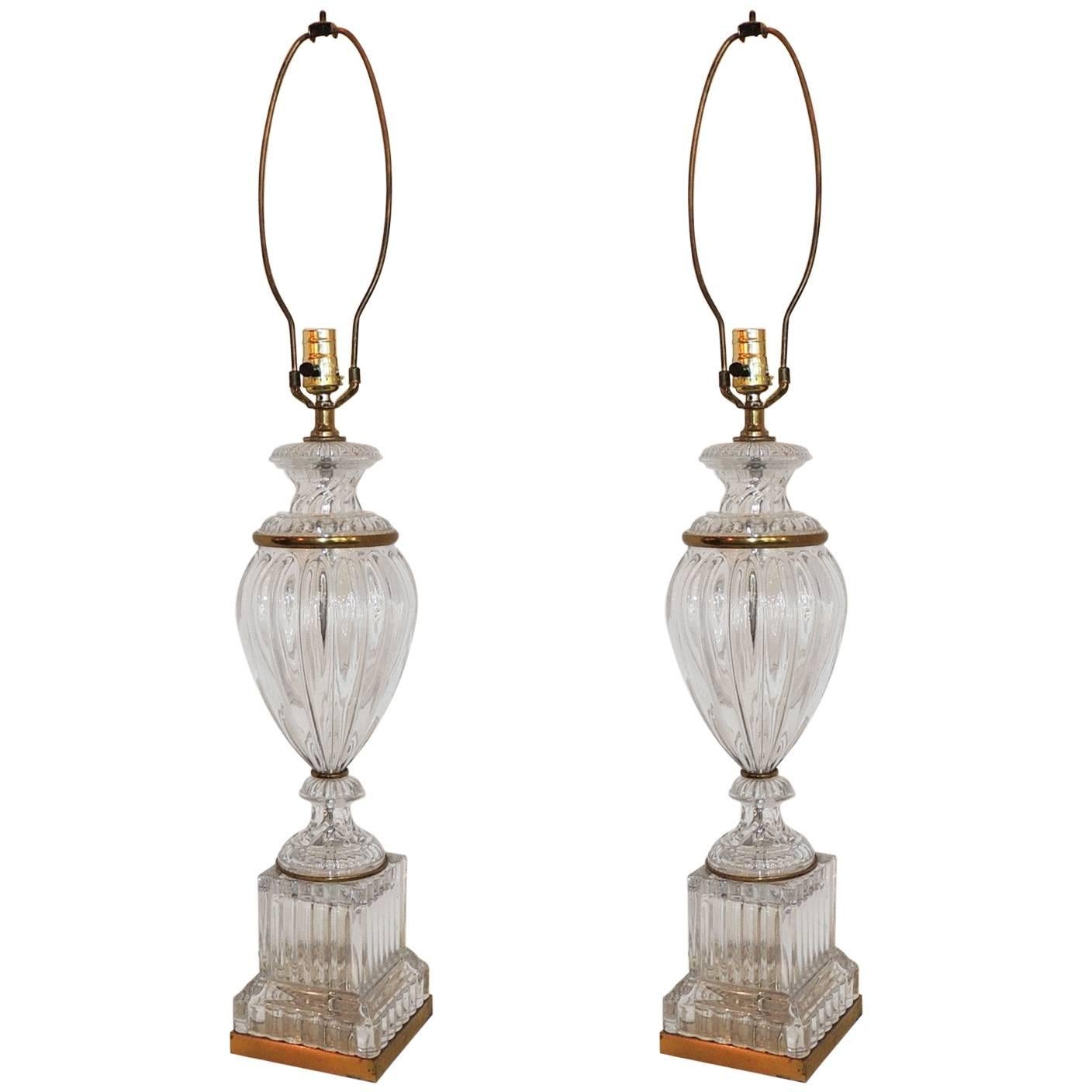 Wonderful Pair Ormolu Doré Bronze Cut Crystal Glass Urn Form Fluted Tall Lamps
