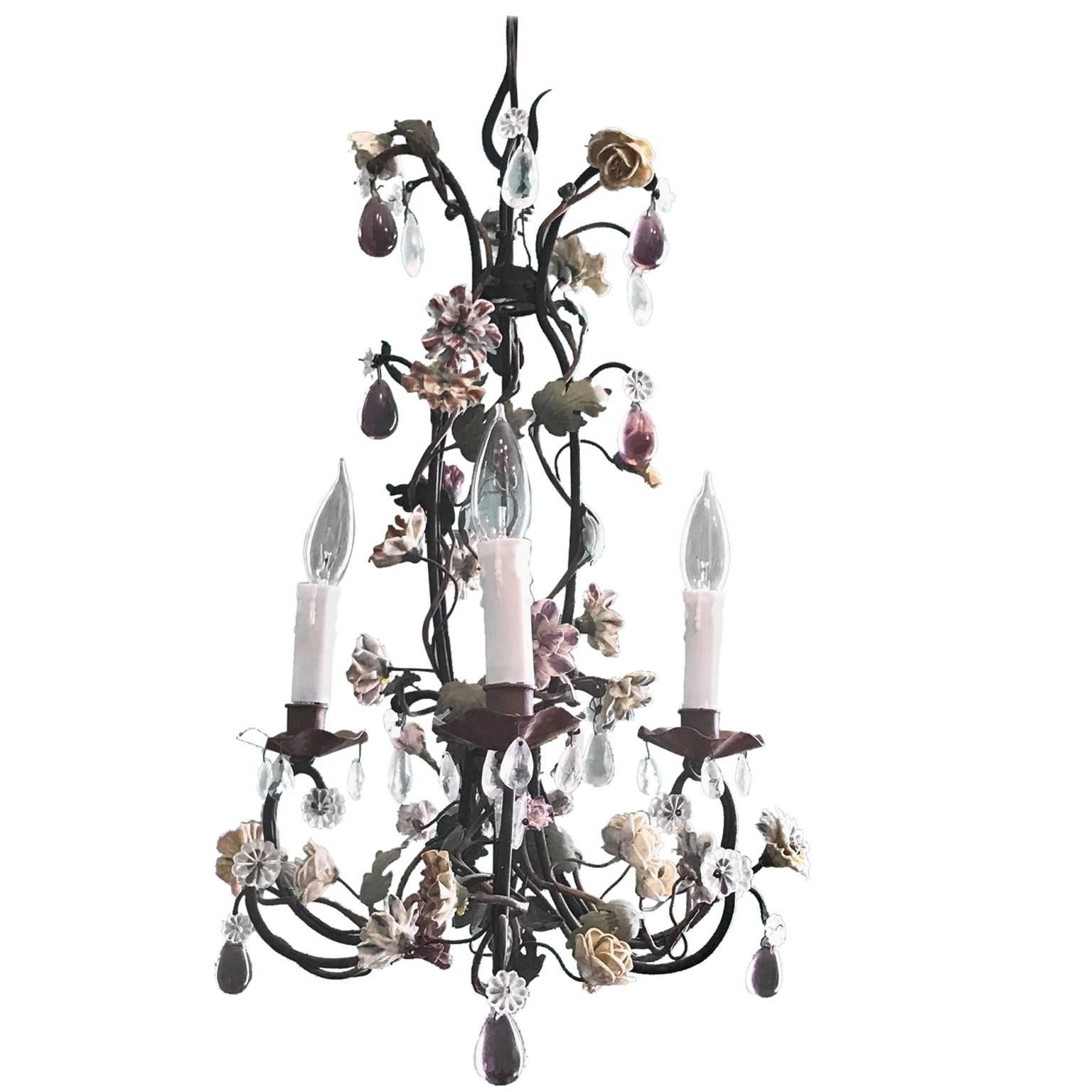 French Tole Chandelier with Porcelain Flowers, Mid-19th Century For Sale