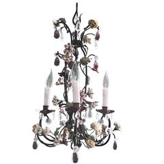 French Tole Chandelier with Porcelain Flowers, Mid-19th Century