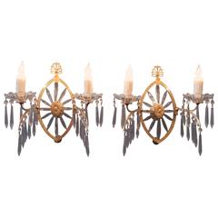 Pair of 19th Century English Regency Bronze Dore and Crystal Sconces